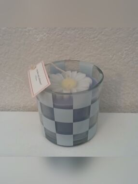 Checkerboard Glass Daisy Candle - Blue White By Cupcakes And Cashmere